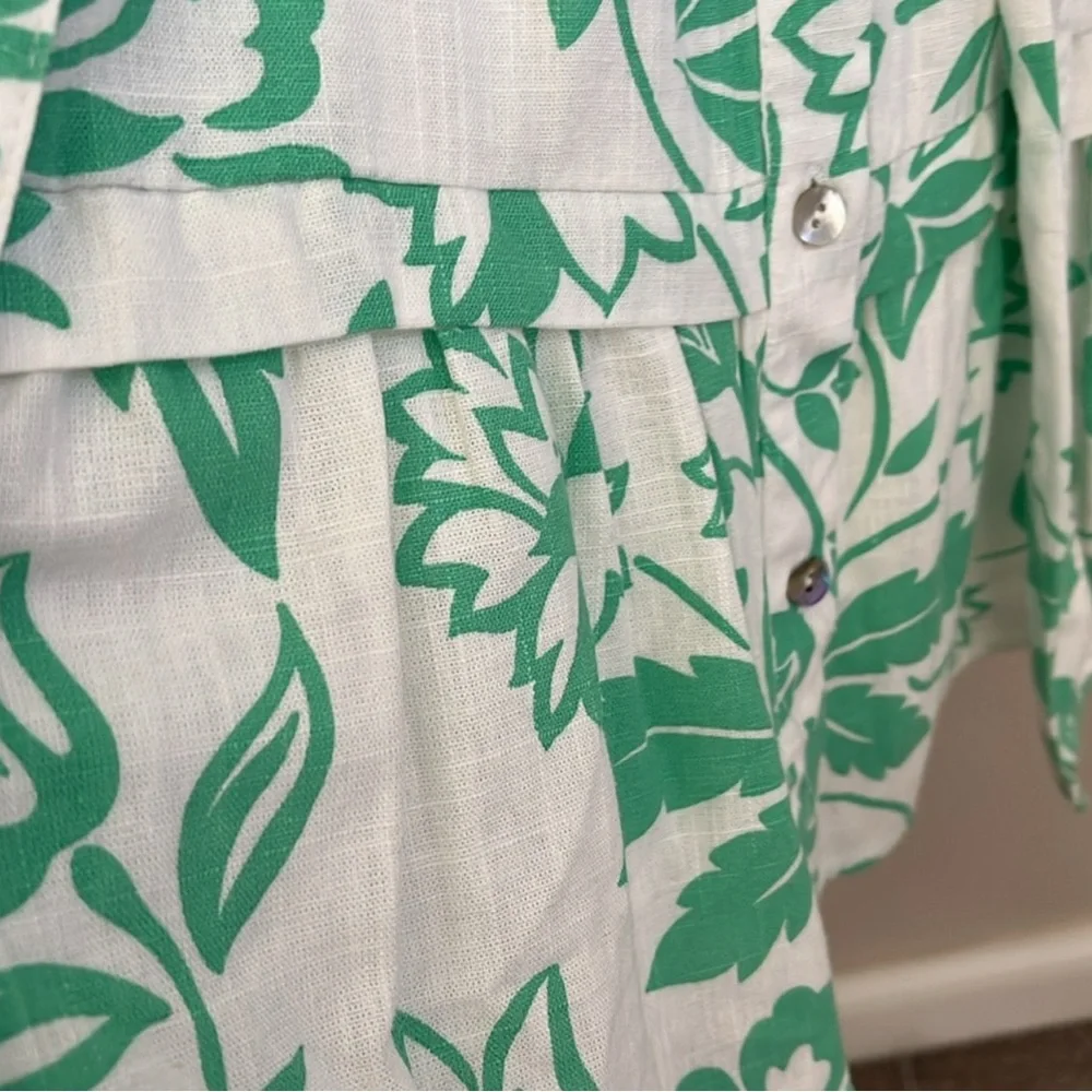 Draper James Puff Sleeve Green Floral Dress Size Medium Linen Blend Button Up - Picture 6 of 10